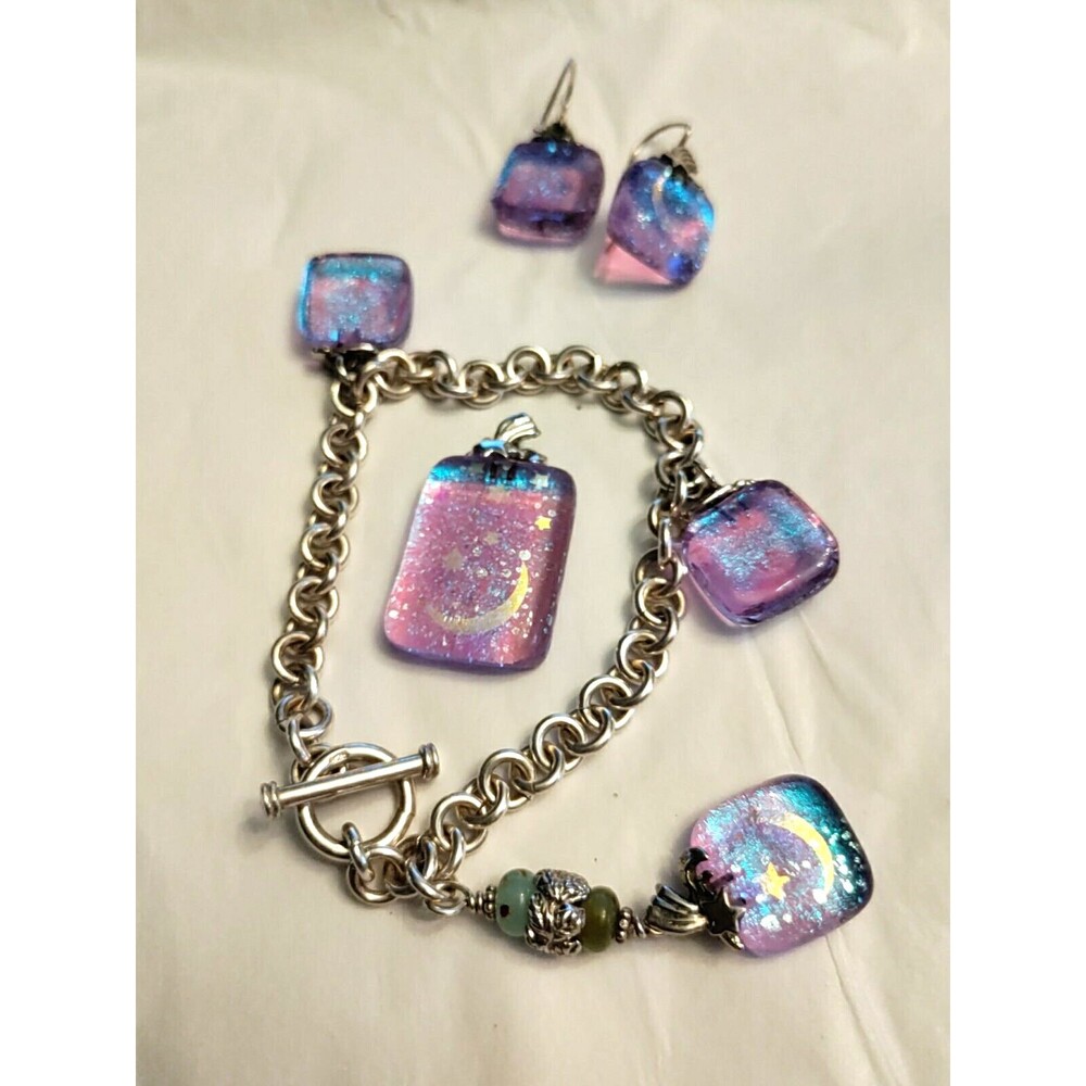 Vintage Multicolor Dichoric 925 SS Pendant Bracelet & Earring Set Moon & Stars